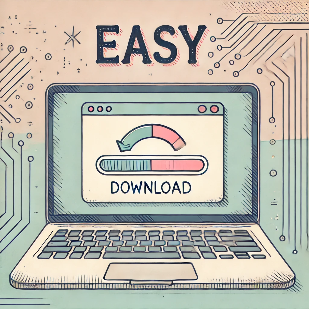 An artistic, illustration-style image of a laptop displaying a download progress bar, symbolizing the ease of downloading software. The design has a soft, hand-drawn feel with simple lines and pastel colors. The word 'EASY' is prominently displayed in a playful, handwritten font. The background features a light, whimsical tech-inspired theme with subtle circuit patterns, giving a friendly and approachable vibe, perfect for a blog or tutorial context.