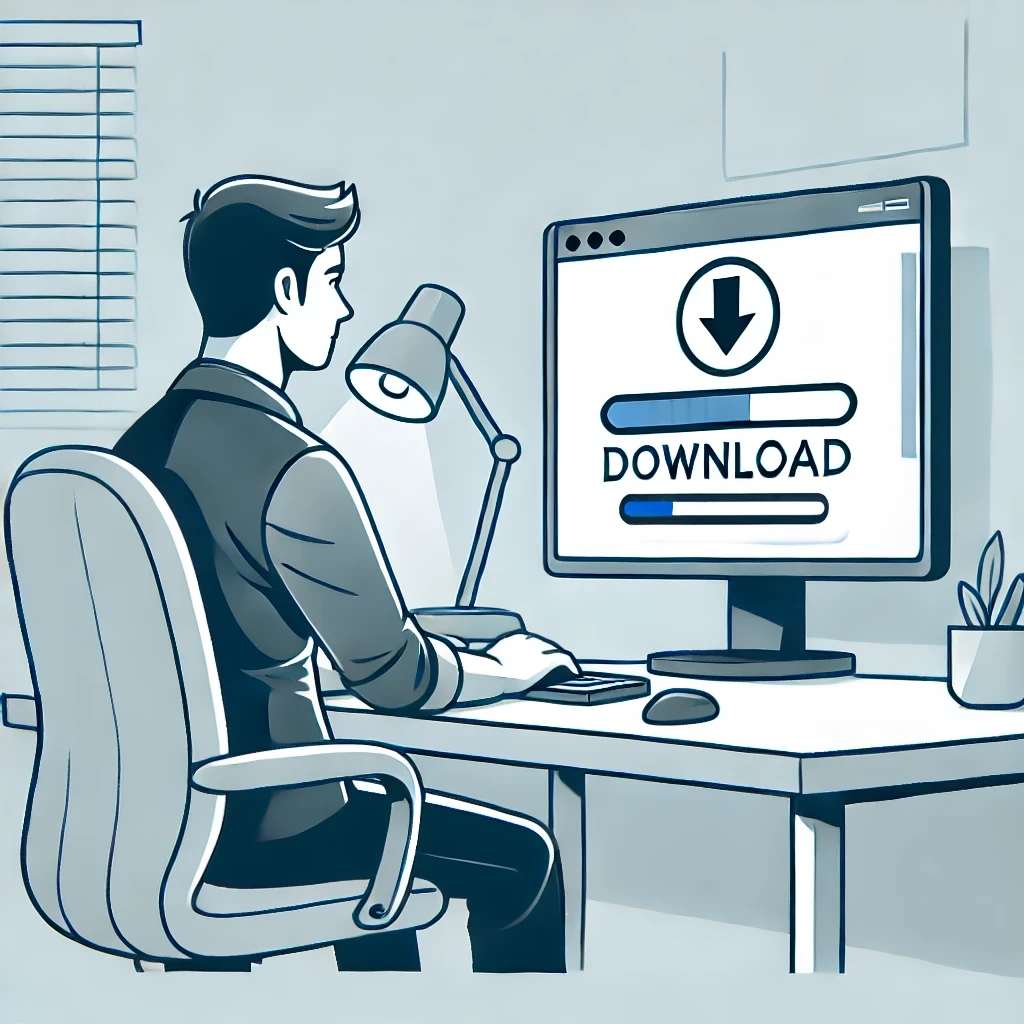 A vector-style illustration of a person sitting in front of a computer, with a download progress bar on the screen indicating a file being downloaded. The person looks focused and the background shows a simple, modern workspace setup. This image is designed to represent downloading data from an official website, in a clean and professional style, with no text or annotations on the image.