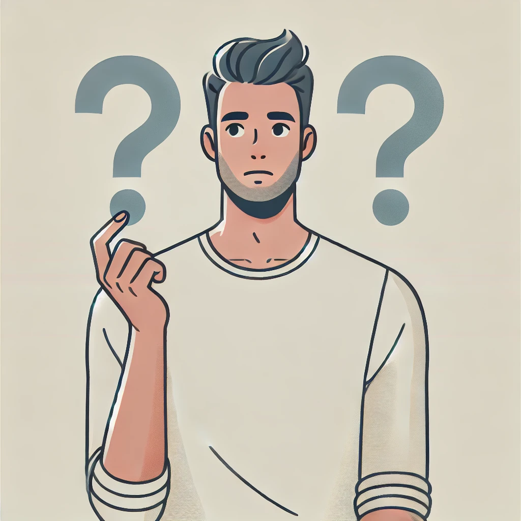 A vector-style illustration of a man standing and holding a question mark in each hand, one in his left hand and one in his right hand. The man looks puzzled and is wearing a casual outfit, depicted in a minimalistic and clean design. The background is plain and light, with no additional elements, emphasizing the man and the question marks.