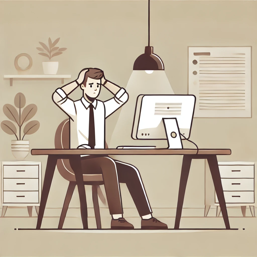 A vector-style illustration of a man sitting at a desk, with a computer in front of him, and his hands on his head, looking stressed or worried. The setting is a modern workspace with minimalistic furniture, and a neutral background that emphasizes the man's emotions. The overall tone should be professional and clean, suitable for use in a troubleshooting guide.