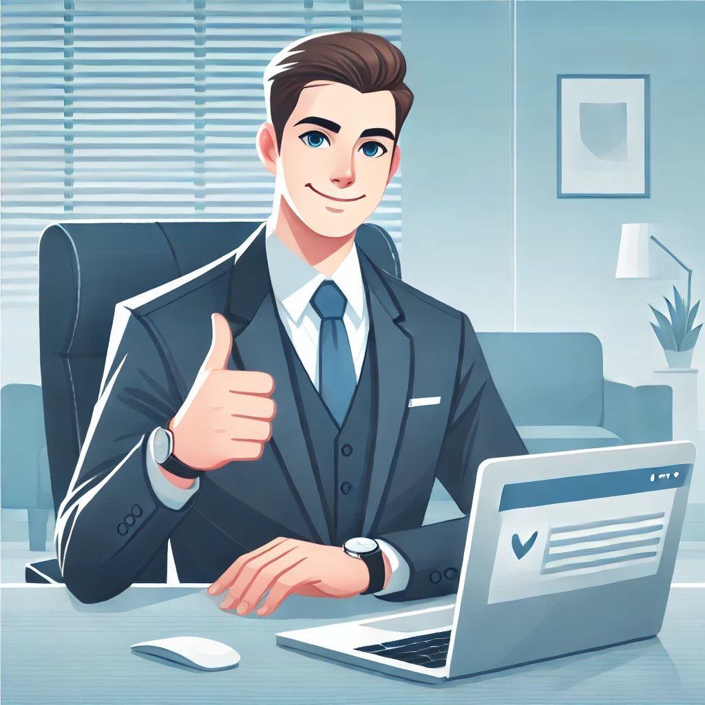 A sleek vector-style illustration of a man in a suit sitting at a desk with a laptop, giving a thumbs-up and smiling warmly towards the viewer. The scene should have a clean and modern aesthetic, with the laptop displaying a generic desktop screen. The background is minimalistic and professional, using soft blue and white tones to emphasize a tech-savvy and confident atmosphere. Suitable for a blog post about virtual software and its benefits.