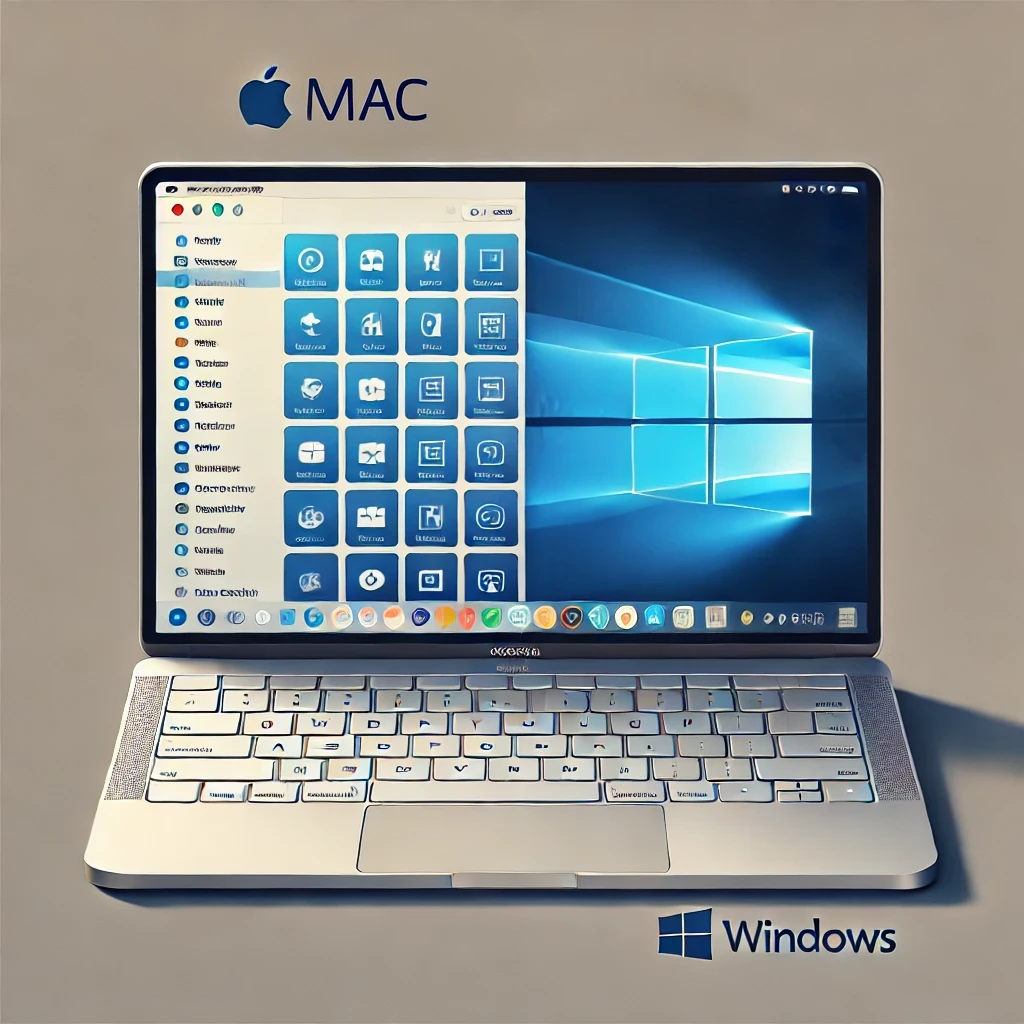 A sleek vector-style illustration of a hybrid computer that visually combines elements of both Mac and Windows design. The screen displays a split interface: half showing macOS icons and the other half displaying Windows interface. The computer design features a silver aluminum body typical of Macs with a Windows logo subtly integrated into the keyboard area. The background is minimalistic and clean, focusing attention on the hybrid computer.