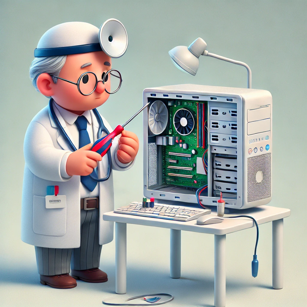 A whimsical illustration of a doctor dressed in a white lab coat and stethoscope, carefully fixing a desktop computer with a screwdriver and diagnostic tools. The doctor looks focused and the computer is shown open, revealing colorful components. The background is a clean, minimalistic workspace with a faint suggestion of a hospital setting. The image is lighthearted and detailed, perfect for a playful depiction of troubleshooting a computer.