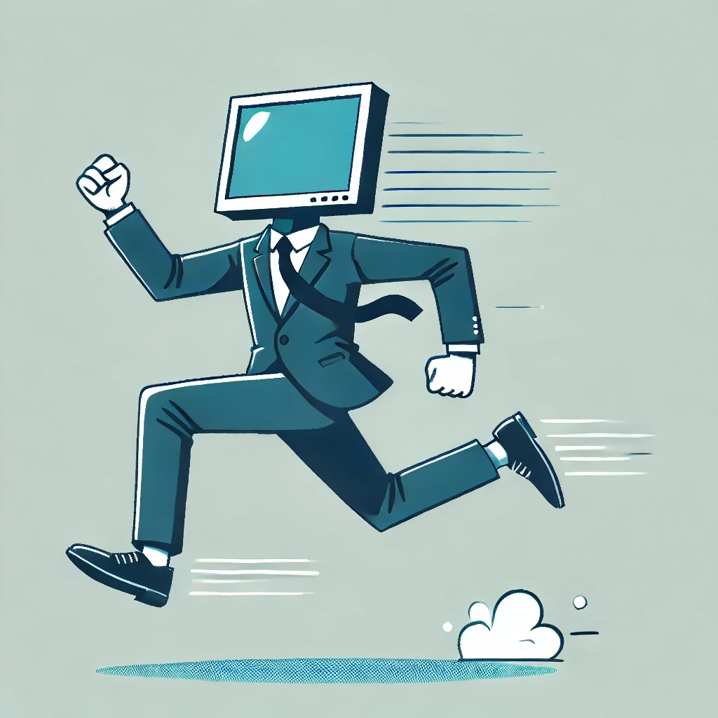 A whimsical vector-style illustration of a man wearing a suit, with his head replaced by a computer monitor, running energetically. The image should have a playful and dynamic feel, suitable for a modern tech-themed context. Keep the background minimalistic with a clean and professional look.