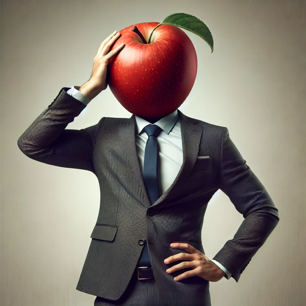 A surreal illustration of a man in a suit with an apple as his head, holding his head with both hands in a distressed and frustrated pose. The background is neutral and gradient, adding a professional yet contemplative atmosphere. The man appears to be deeply troubled, with an expressive posture that conveys his internal struggle. The overall style is clean and professional, suitable for educational or business-themed visuals.