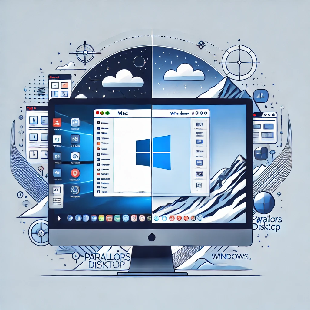 An illustration showing a comparison between Mac and Windows applications on the same screen, highlighting the seamless operation of Parallels Desktop. The background is clean and minimal, emphasizing technology and productivity.