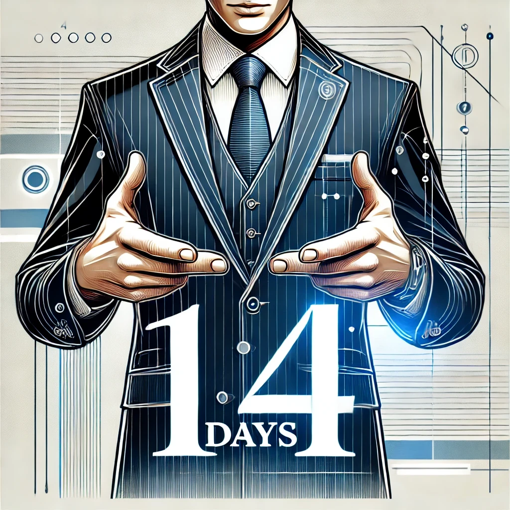 A professional and stylish illustration featuring a man in a suit from the neck down, standing with both hands extended shoulder-width apart as if presenting or emphasizing a point. The design is clean and modern, with subtle tech-themed elements and a gradient background of blue and white, suitable for a promotional or informational context. The text '14 Days' has been removed, leaving a clear space between his hands.