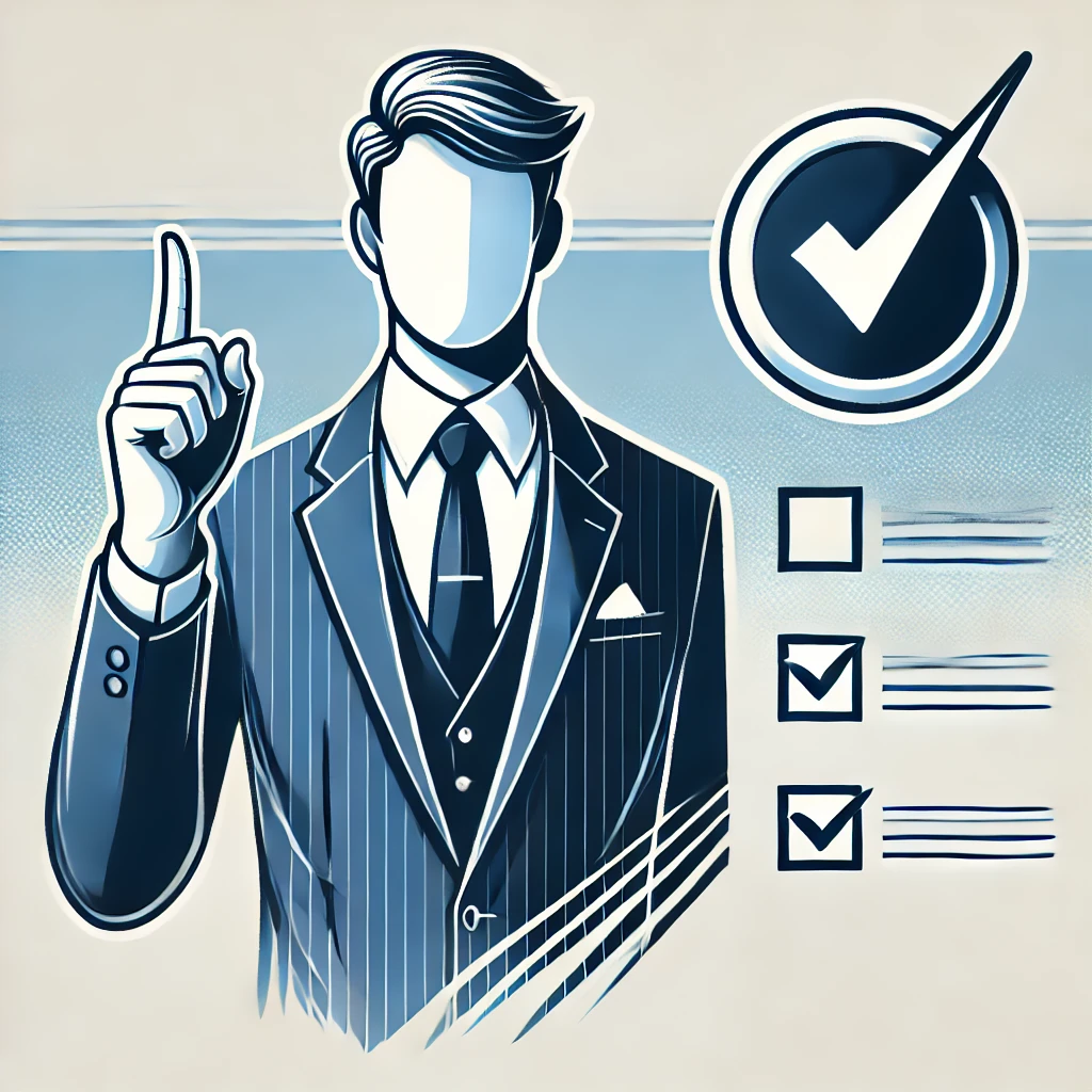 An illustration featuring a man in a suit from the neck down, pointing upward with one finger, symbolizing a key point. In the top left corner, a checklist icon with checkboxes is displayed, with one checkbox marked as completed. The overall style is modern and professional, with clean lines and a friendly tone. The background has a subtle gradient of blue and white, suitable for an educational or instructional context.