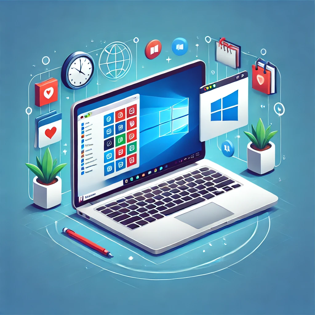 An illustration of a MacBook with a virtual Windows desktop running smoothly on the screen, symbolizing Parallels Desktop's ability to seamlessly integrate different operating systems. The design features a clean and modern workspace.