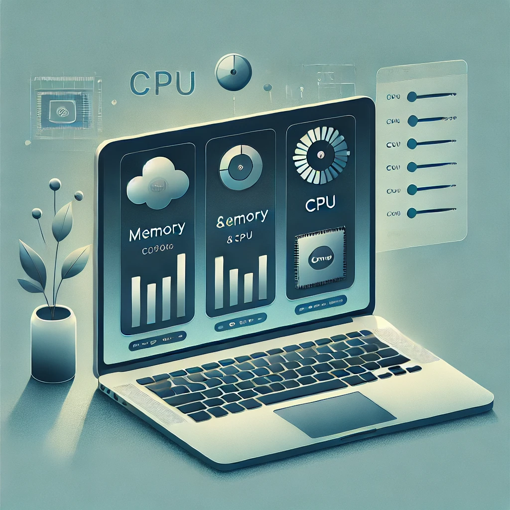 An illustration of a settings panel on a MacBook screen, showing memory and CPU allocation for optimizing performance in Parallels Desktop. The workspace has a clean and modern look.