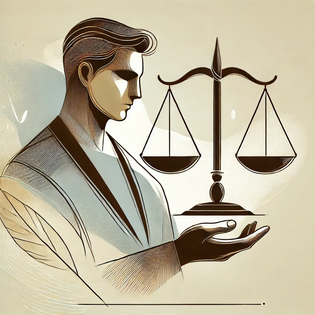 An illustration of a man holding a traditional balance scale, symbolizing fairness and judgment. The man is depicted in a minimalistic and artistic style, with no text, suitable for a modern aesthetic. The background is light and clean.