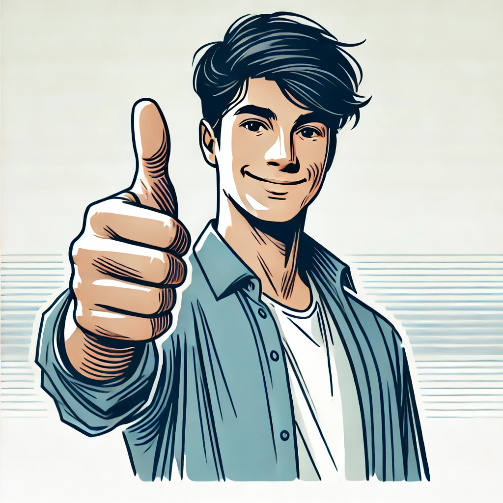 An illustration of a cheerful man giving a thumbs-up gesture and looking directly at the viewer. The style is friendly, minimalistic, and artistic, with no text, suitable for modern design aesthetics. The background is clean and light.