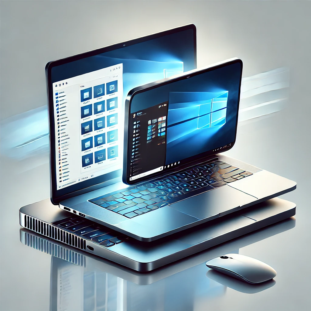 A sleek and modern illustration of a MacBook and a Windows PC merging into one device, symbolizing the integration of Mac and Windows functionality through Parallels Desktop. The image showcases the devices in a clean workspace with a soft gradient background, emphasizing productivity and technology fusion.